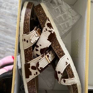 Outwoods Sandals with Brown and Cream Cow Print